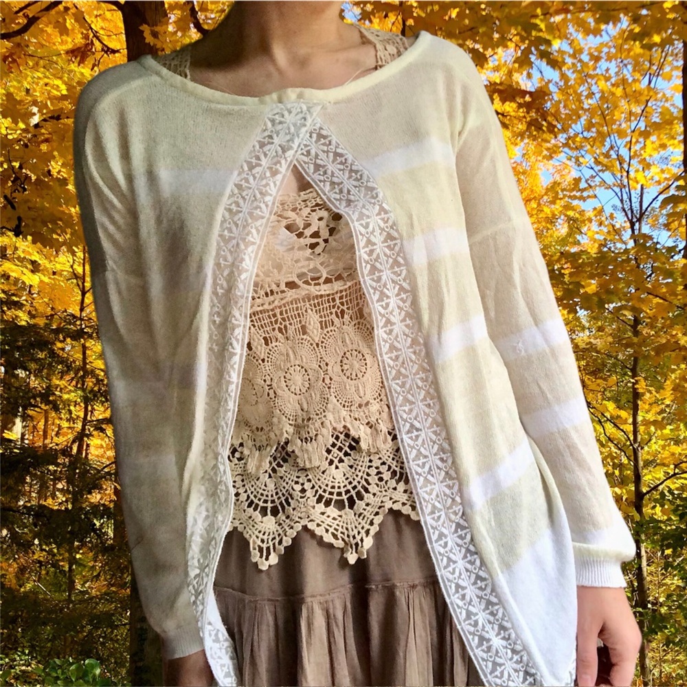 Ella Moss Open Lace Trimmed Pastel Stripe Cardigan, One Size